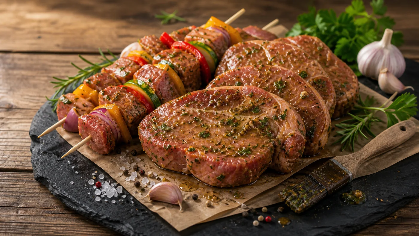 Mariniertes Grillfleisch mit Kräutern und Spießen